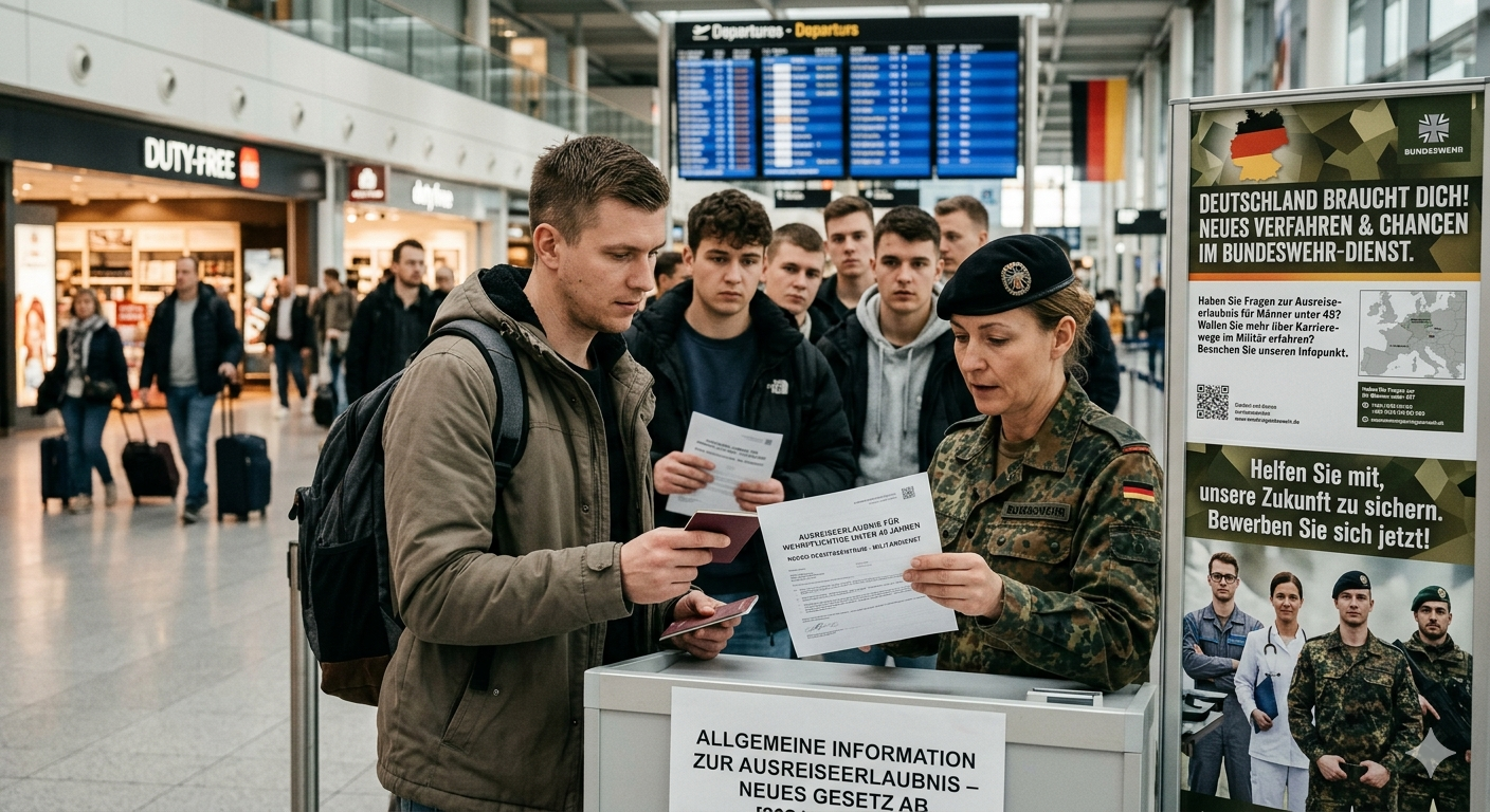 Група германски мъже на площад пред федерална служба, символизиращи новия закон за разрешение да напускат страната“