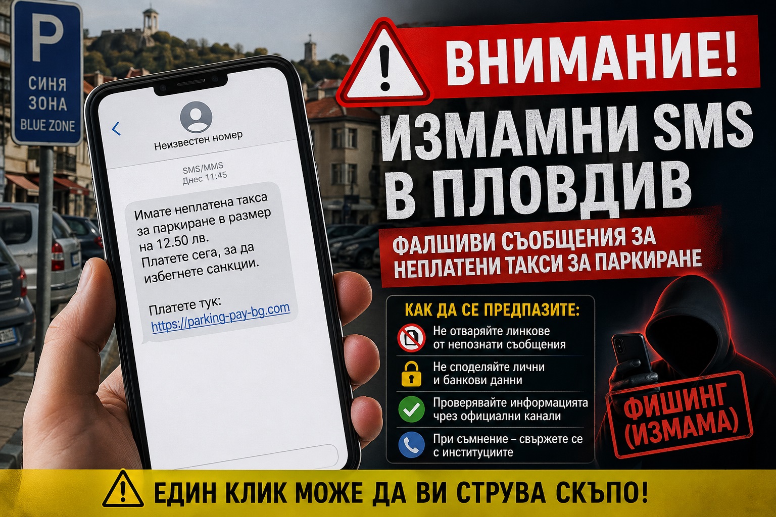 Измамни SMS Пловдив – фалшиво съобщение за неплатена паркинг такса на мобилен телефон