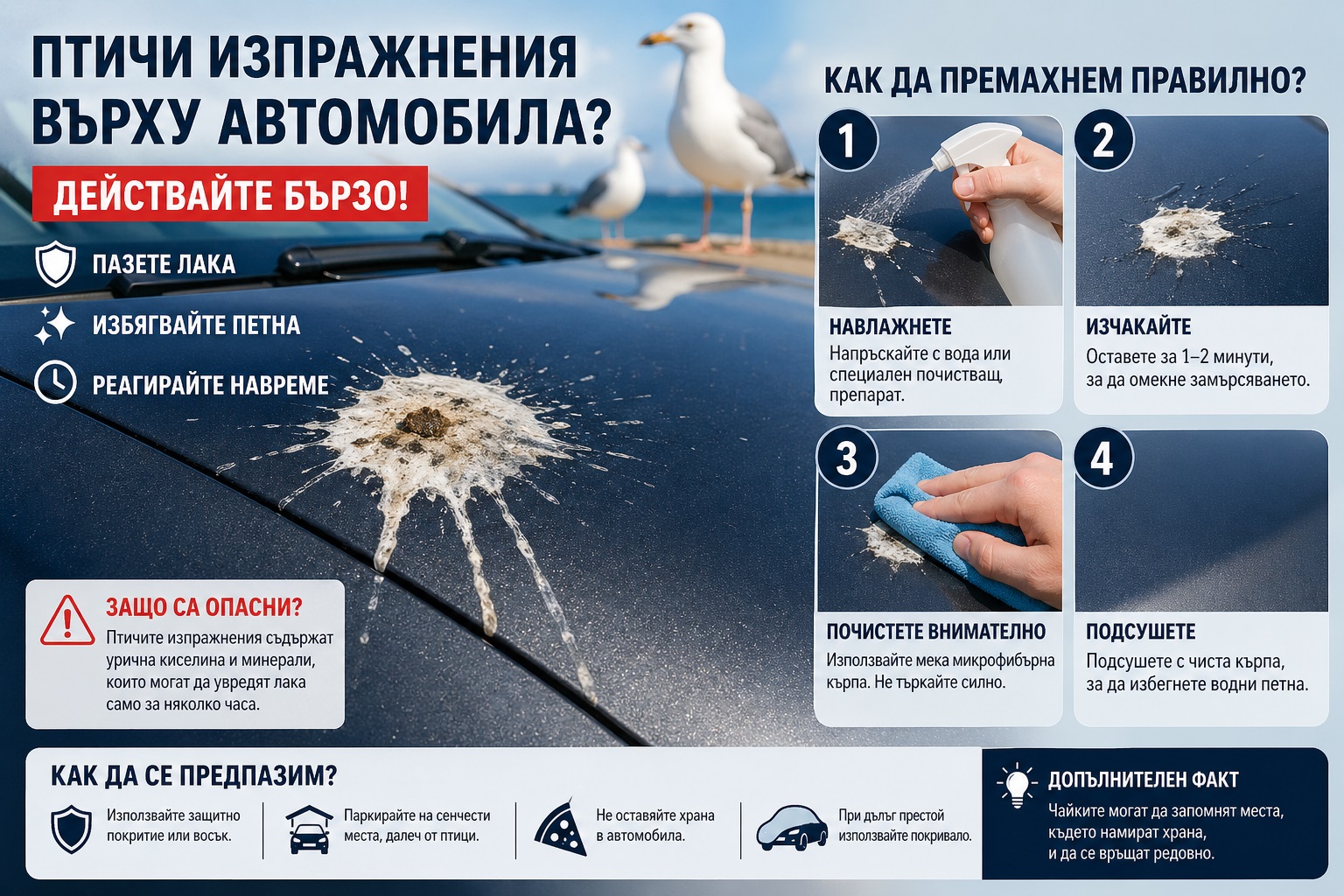 Премахване на птичи изпражнения от автомобил с микрофибърна кърпа за защита на лака
