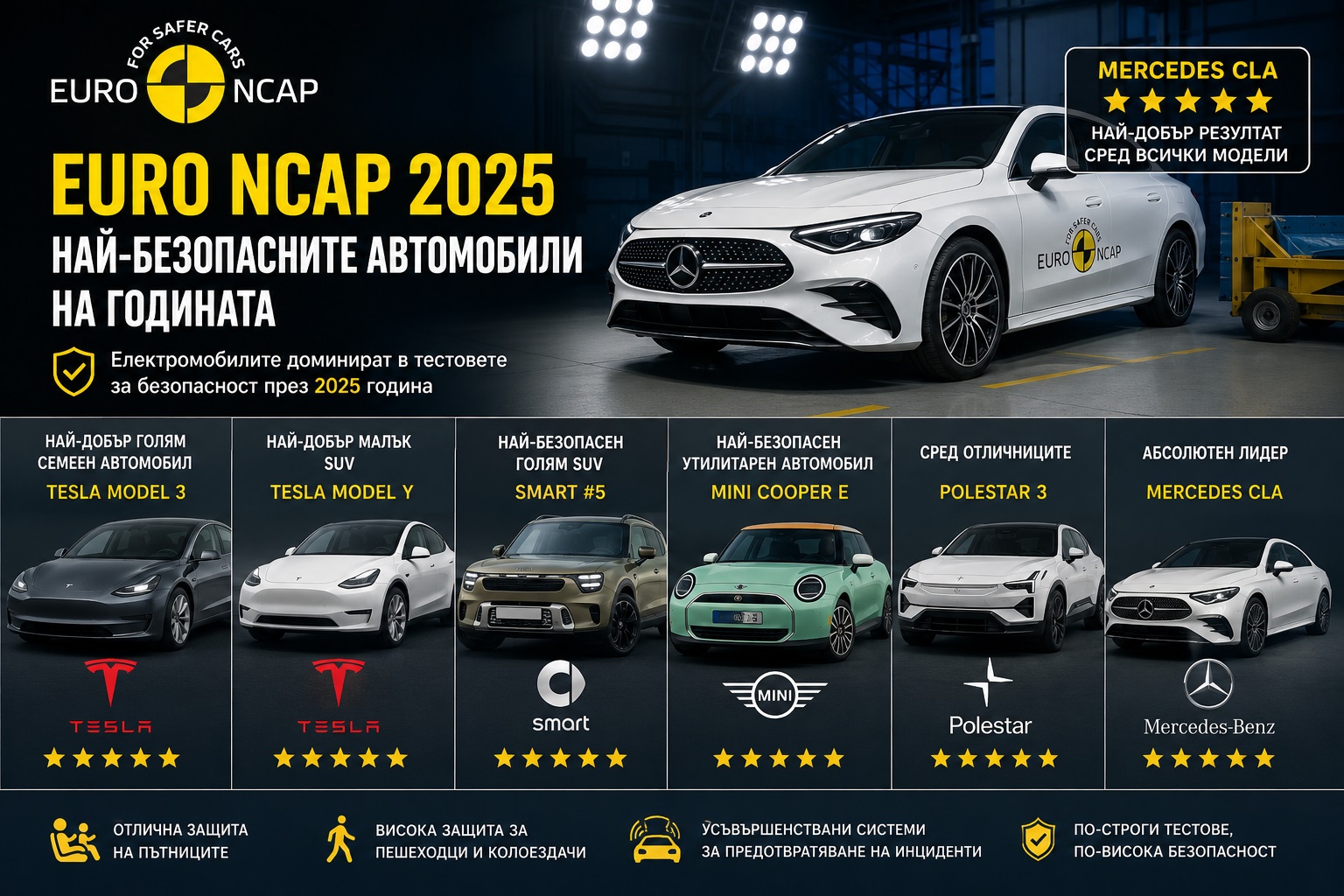 Mercedes CLA и Tesla Model 3 сред най-безопасните автомобили в Euro NCAP 2025