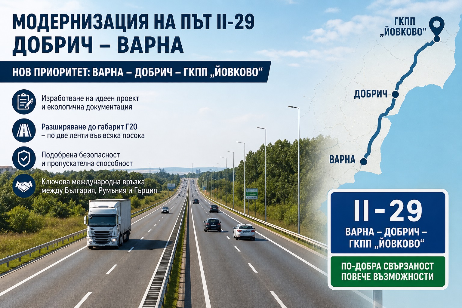 модернизация на път II-29 Добрич – Варна с разширение до Г20 и международна свързаност към ГКПП Йовково