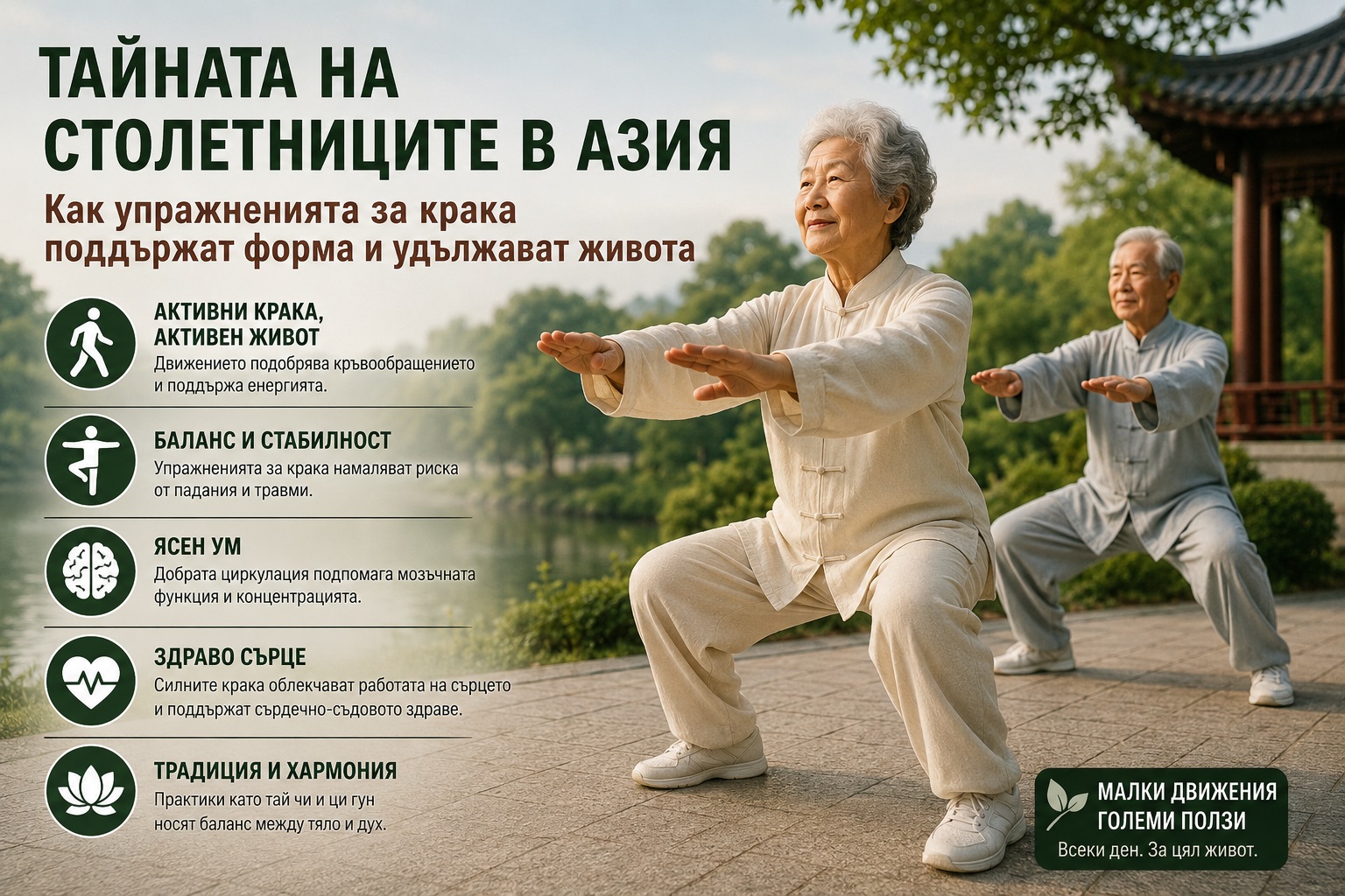 възрастни хора в Азия правят упражнения за крака за дълголетие
