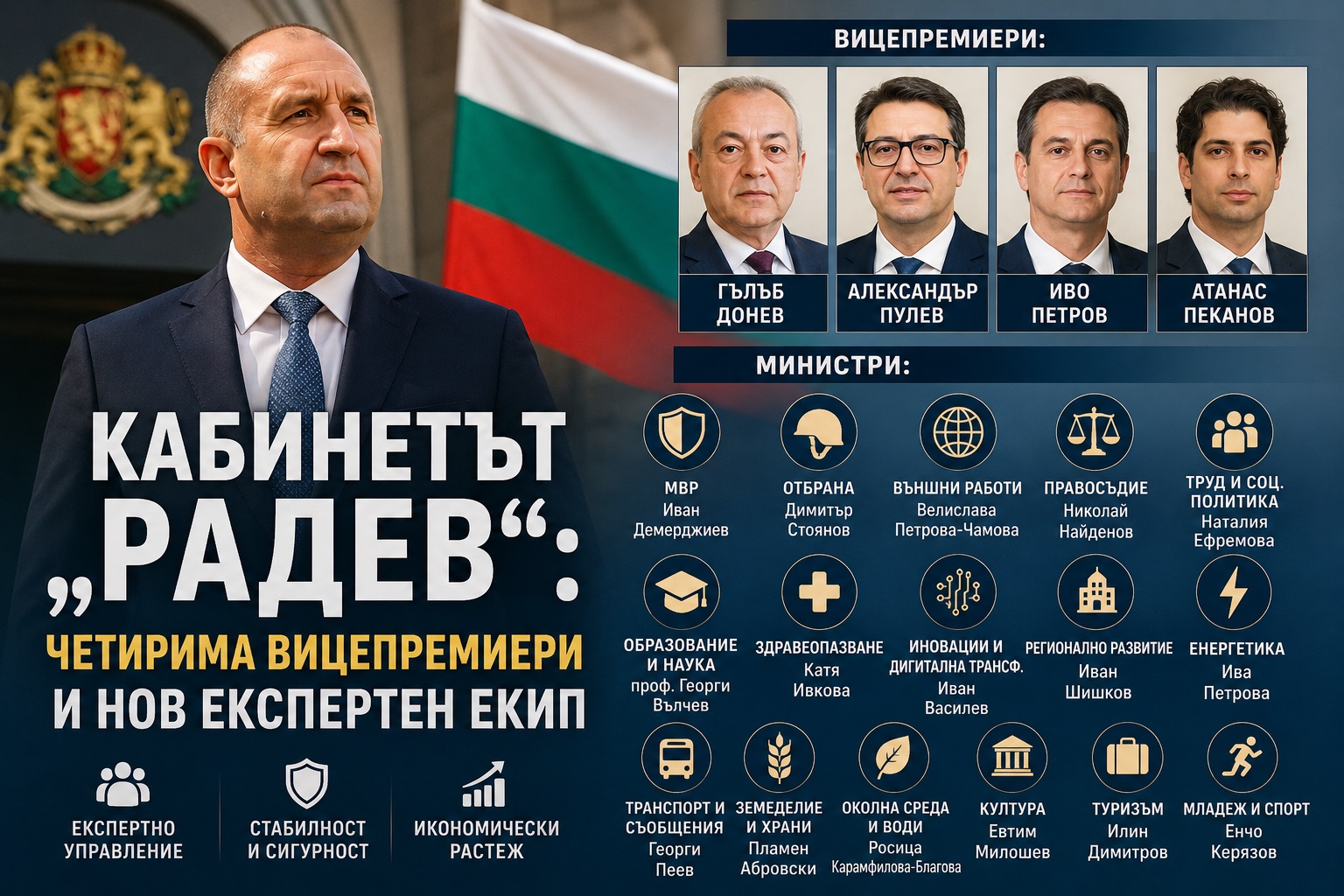 „Кабинетът Радев и пълният списък с министри и вицепремиери“