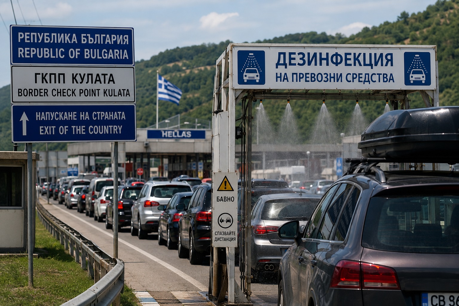Колона от автомобили на българо-гръцката граница, където се извършва задължителна дезинфекция на превозните средства.