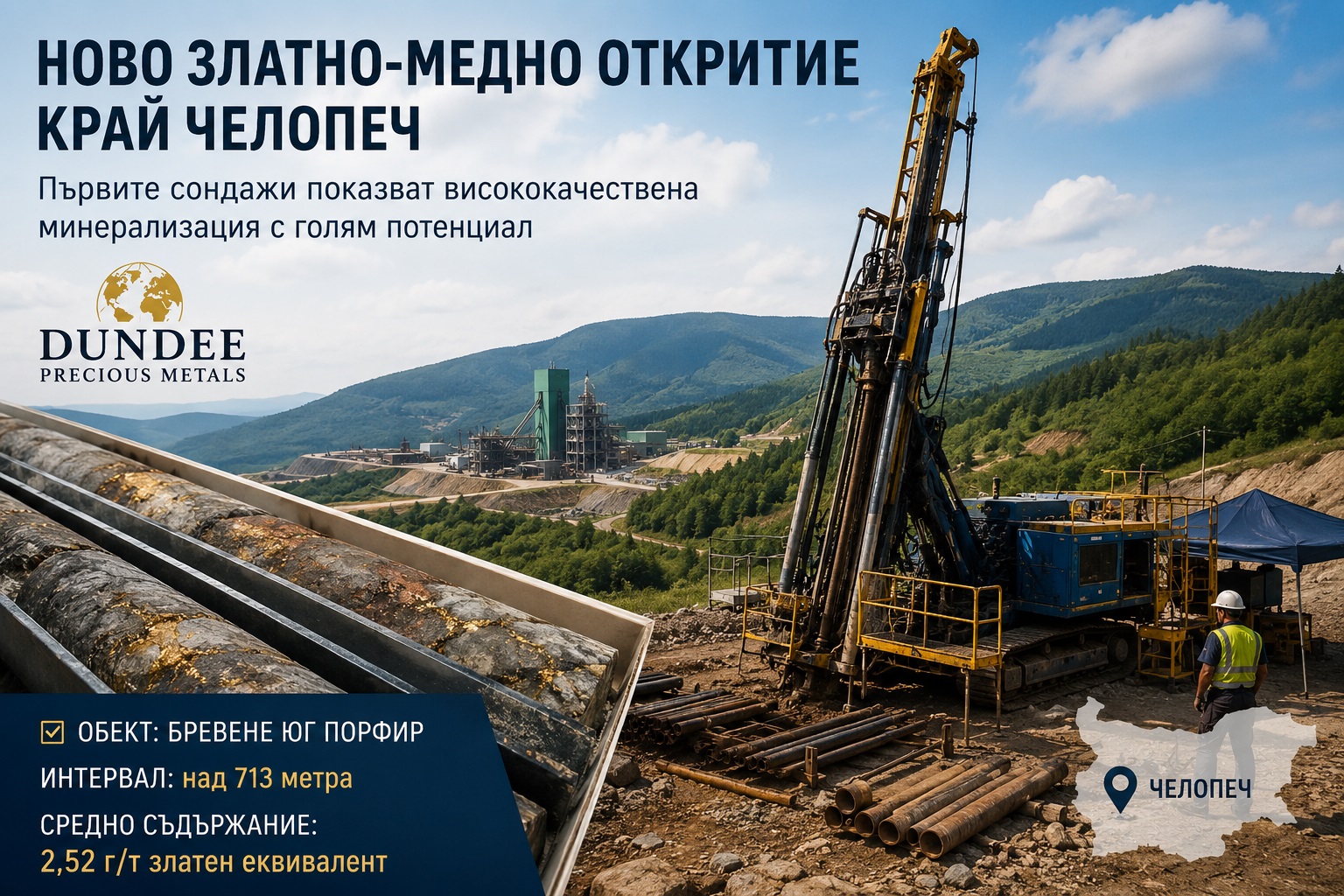 Сондажна площадка и минна инфраструктура край Челопеч след обявеното откритие на златно-медна минерализация