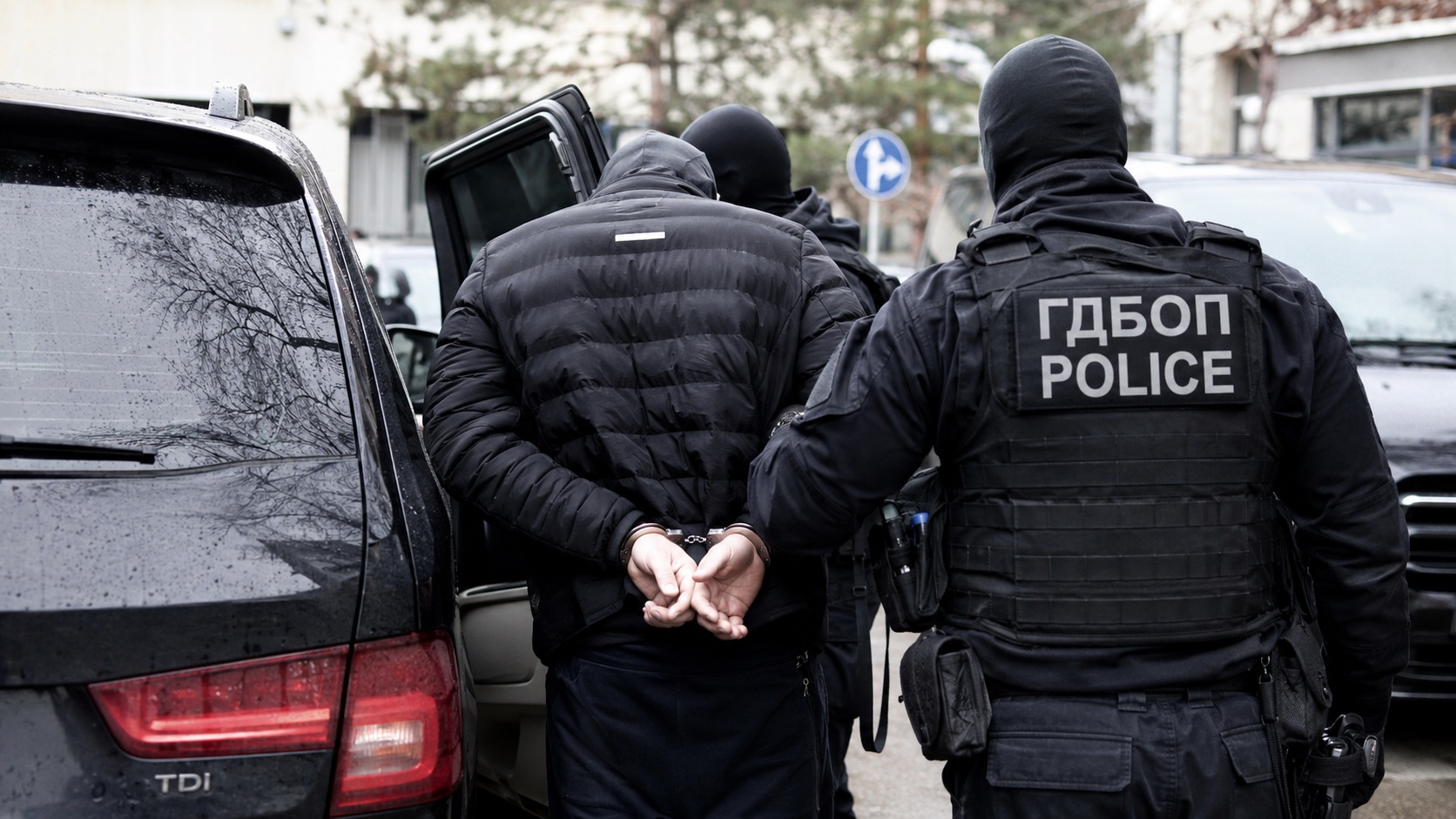 Полицейски служители и автомобили на ГДБОП по време на спецакция срещу групата „Калашниците“ в столичния квартал Ботунец