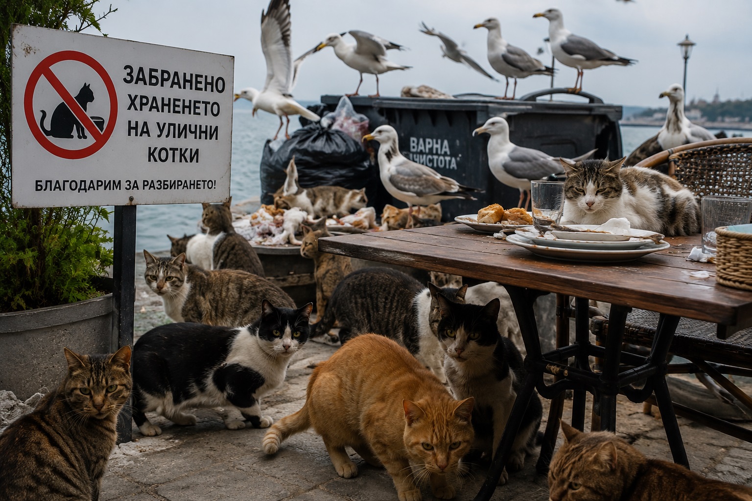 Табела в заведение във Варна, забраняваща храненето на улични котки, предизвикала обществен дебат.