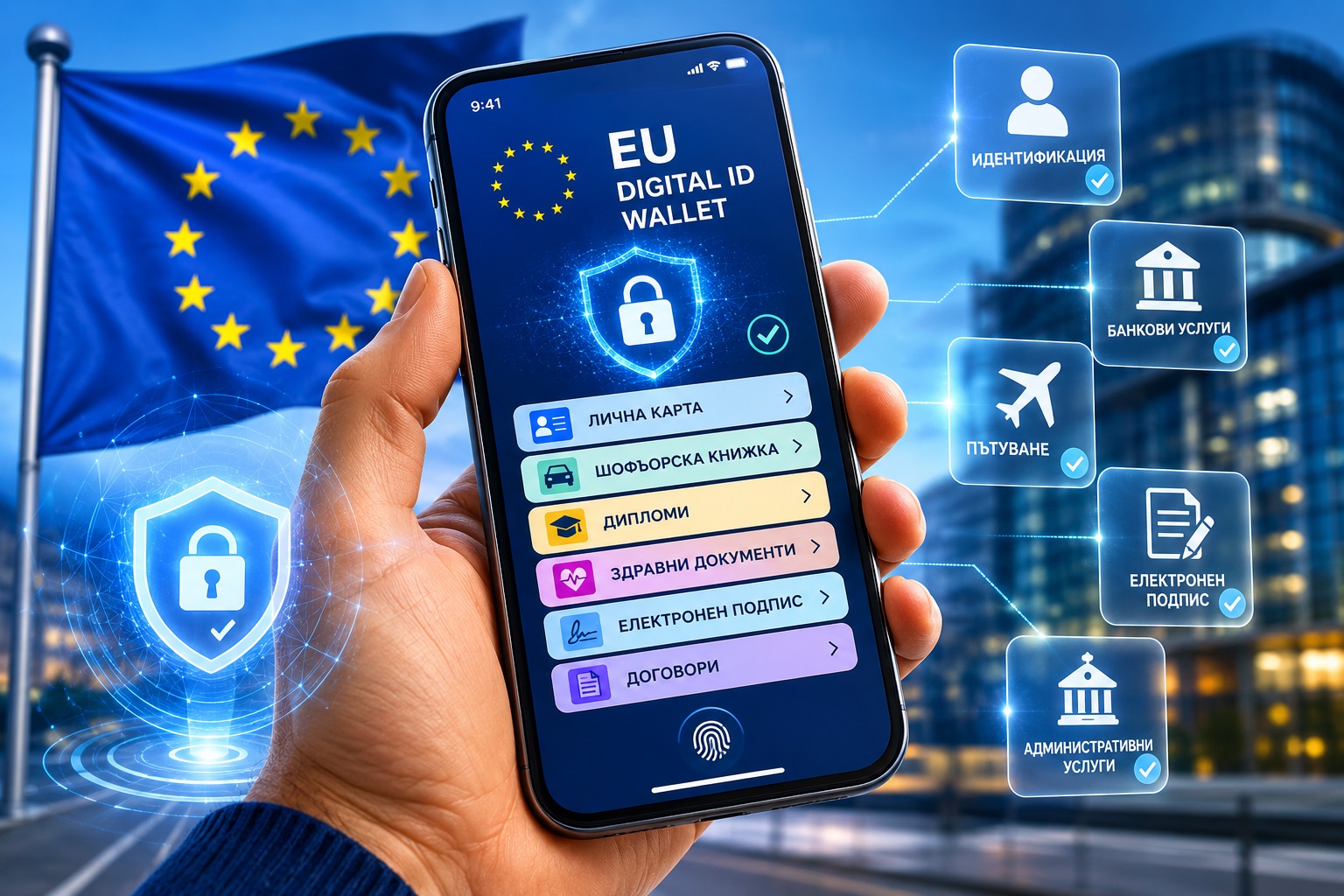 Илюстрация на европейски цифров портфейл със смартфон и цифрови документи