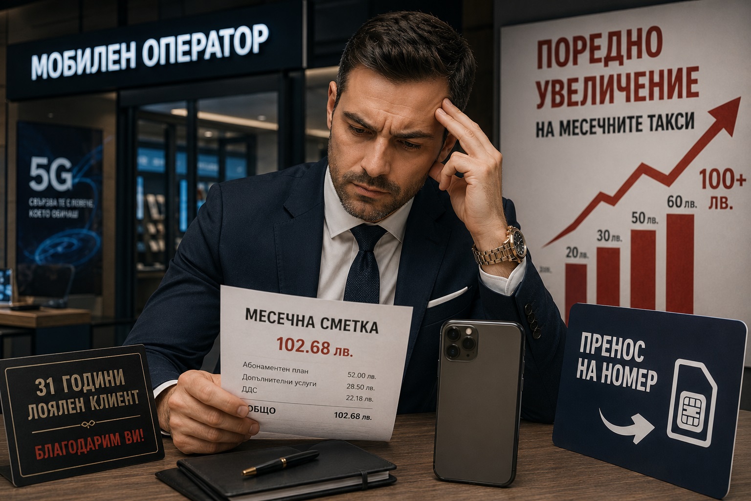 мъж разглежда висока месечна сметка за мобилни услуги пред офис на мобилен оператор.