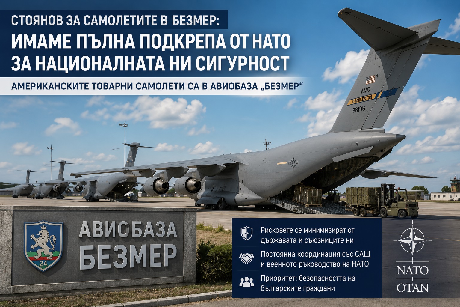 Американски военни самолети на авиобаза „Безмер“ под засилени мерки за сигурност в България.
