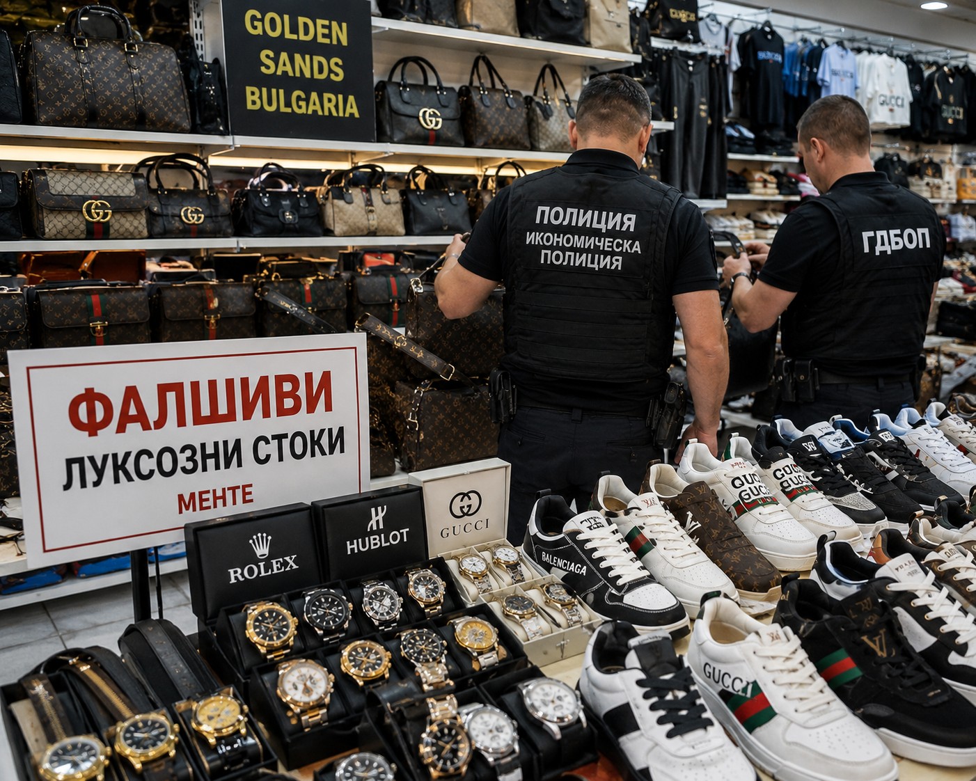 Кашони и чували, препълнени с конфискувани маркови маратонки и чанти фалшификати, подредени в полицейски склад след акция.