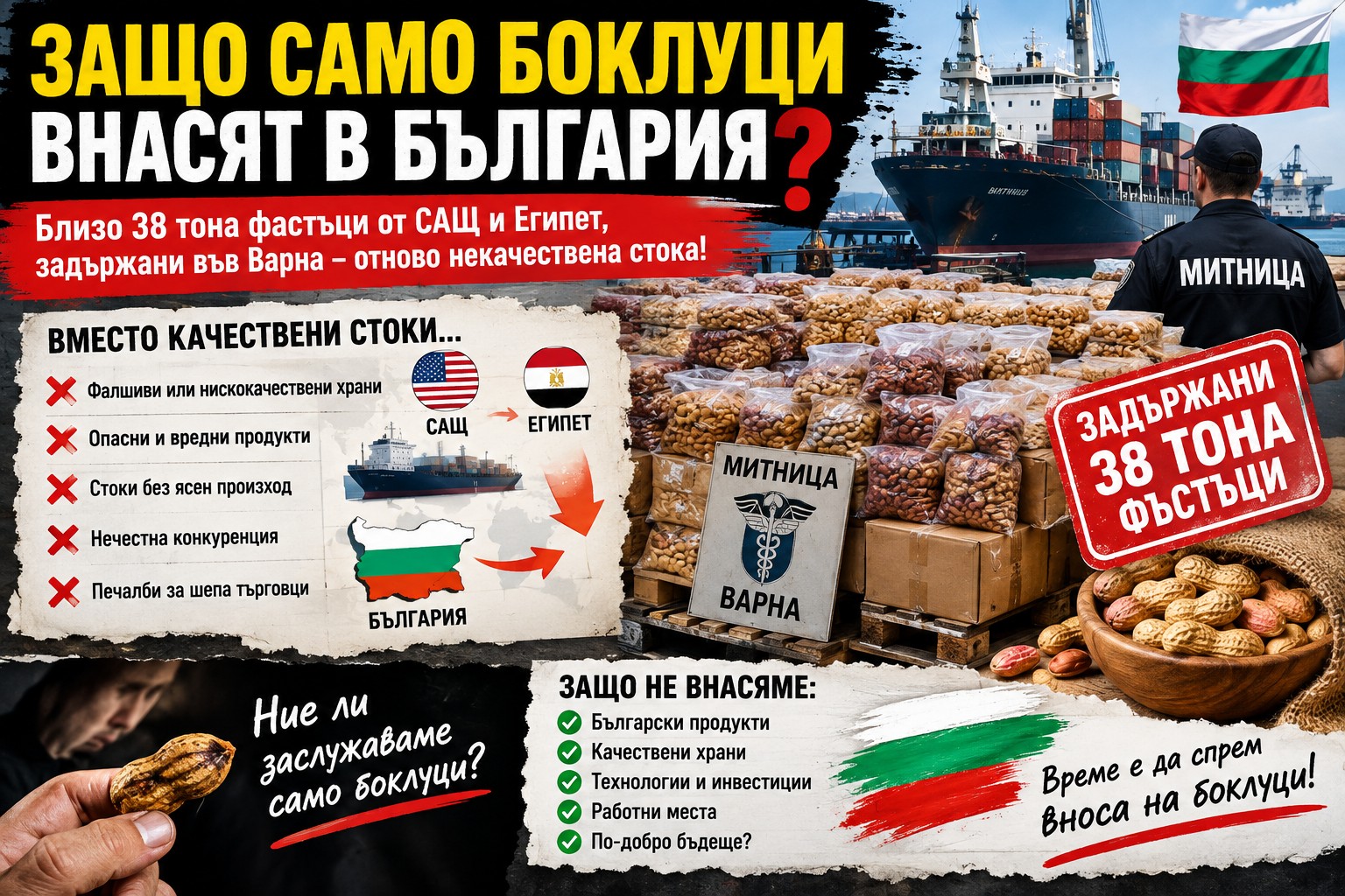Инспектори от БАБХ вземат проби от чували с вносни фъстъци в морски контейнер на пристанище Варна-Запад.