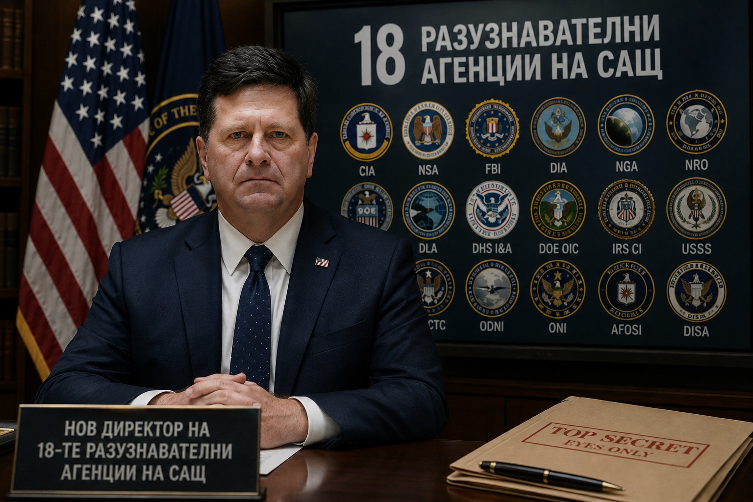 Официалният печат на Директора на националното разузнаване на САЩ на заден план зад трибуна за пресконференции във Вашингтон.