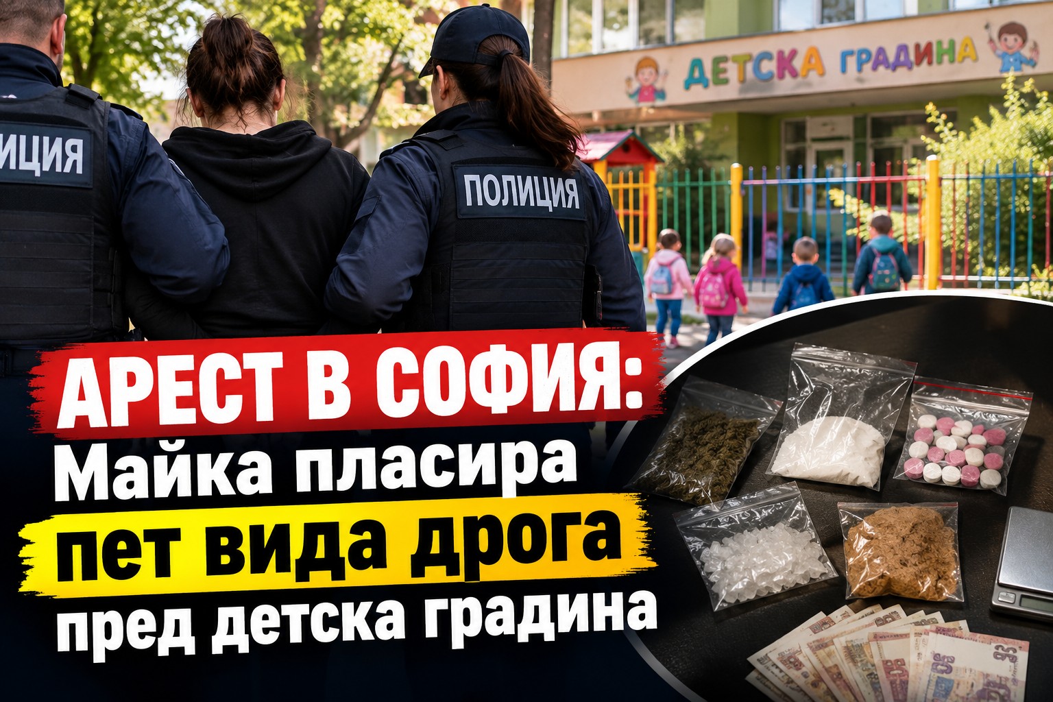 Полицейски автомобили и маскирани служители на МВР извършват обиск на спрян лек автомобил пред ограда на детско заведение в София.
