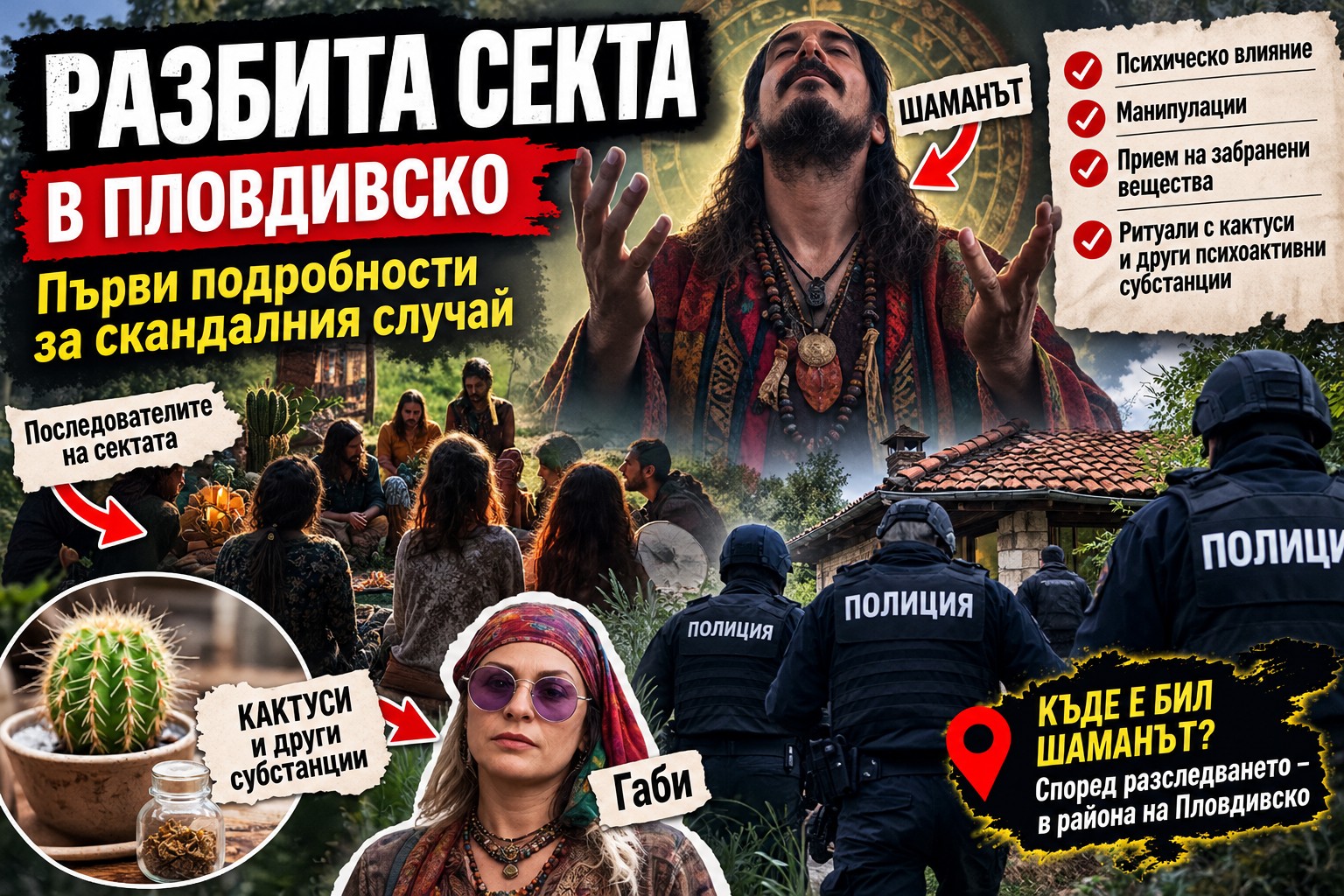 Полицейски служители и агенти на ДАНС пред входа на луксозна изолирана планинска вила в Пловдивско по време на обиските за наркотични вещества.