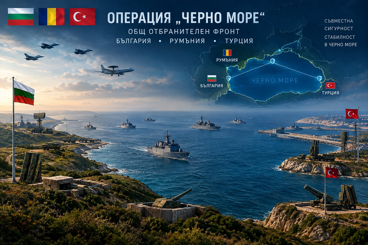 Военни кораби от флотовете на България, Румъния и Турция плават в съвместен строй по време на тактическо учение в Черно море.