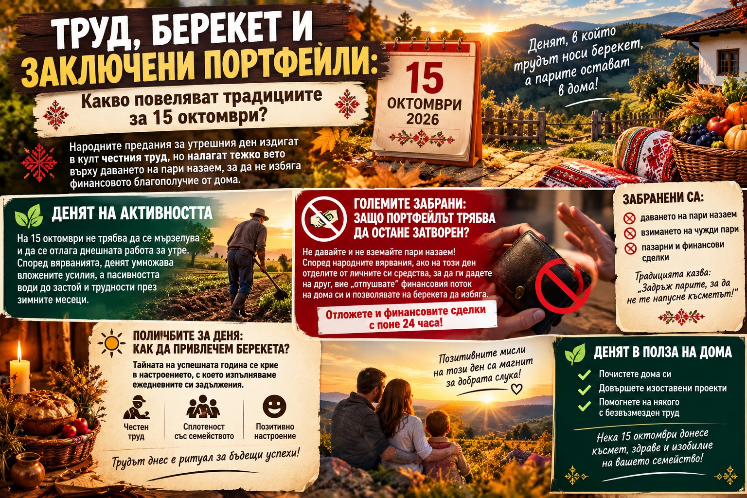 Глинен съд с житни класове и стари монети върху тъкана битова покривка на дървена маса.