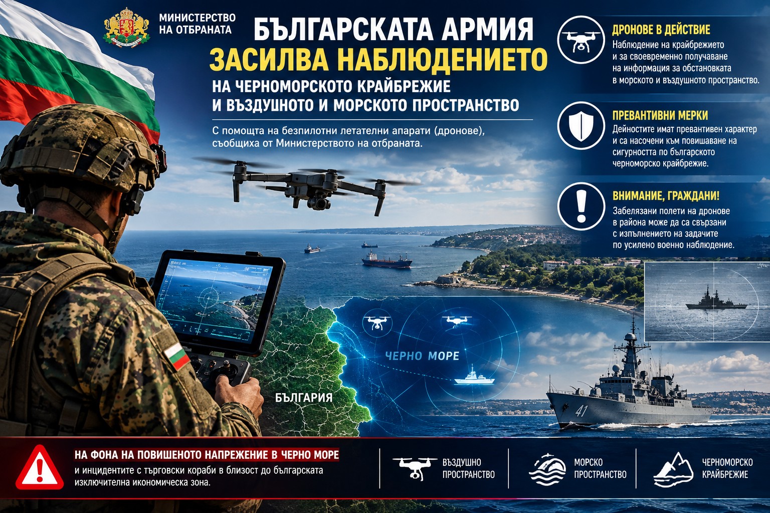 Военен безпилотен летателен апарат (дрон) на Българската армия лети ниско над морската повърхност по време на мисия за наблюдение на бреговата ивица.