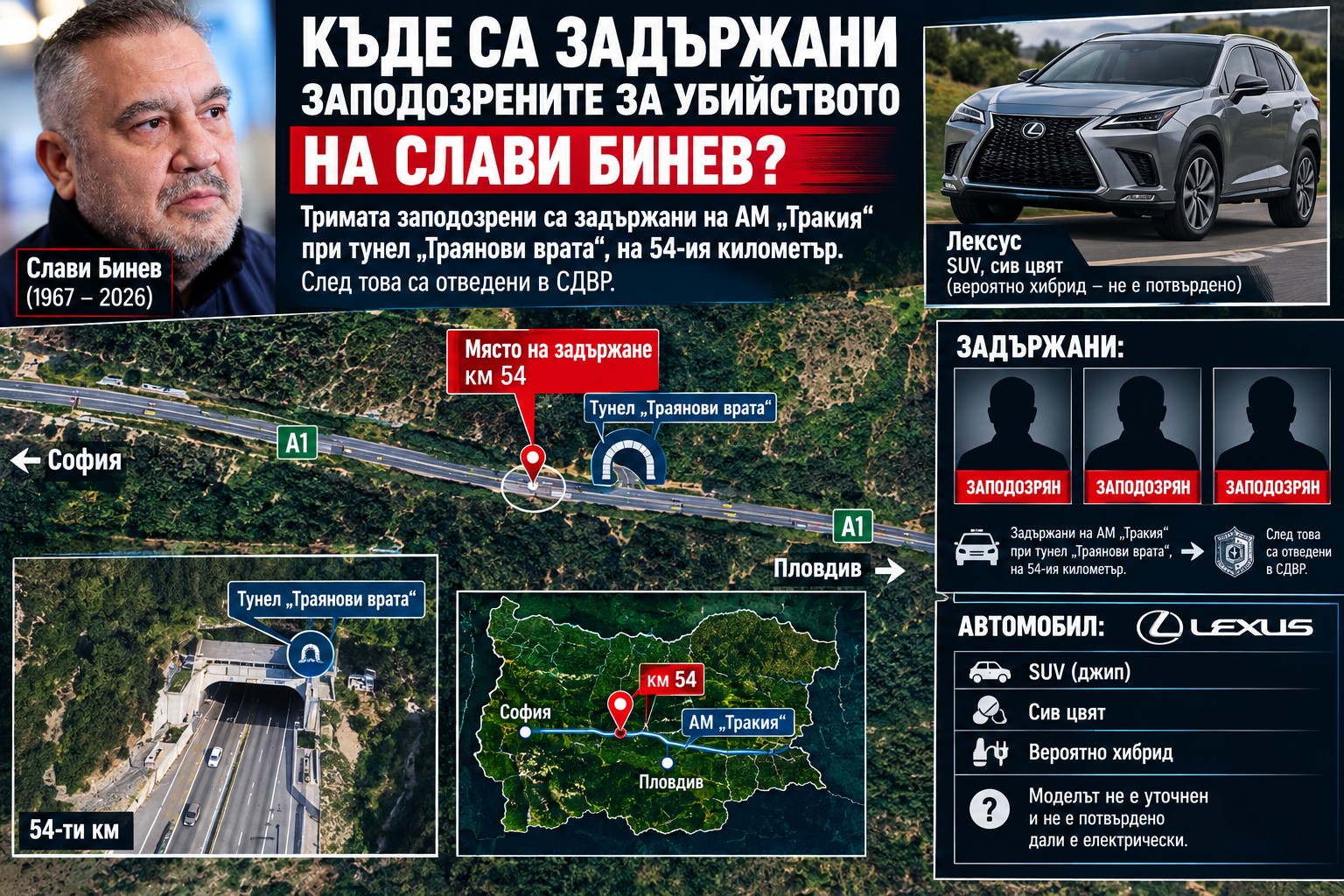 Полицейски кордон и задържани лица на асфалта пред тунел Траянови врата на магистрала Тракия