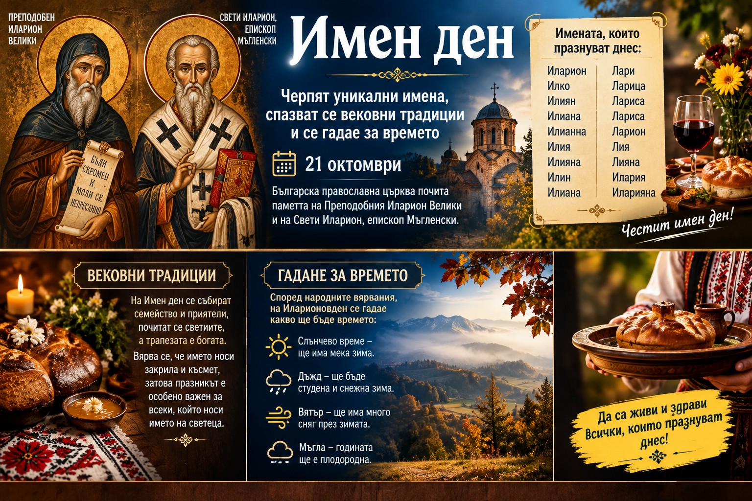 • Старинна православна икона на Свети Иларион Мъгленски, изобразена със златна ореолна украса върху дървена основа, поставена в църковен храм.