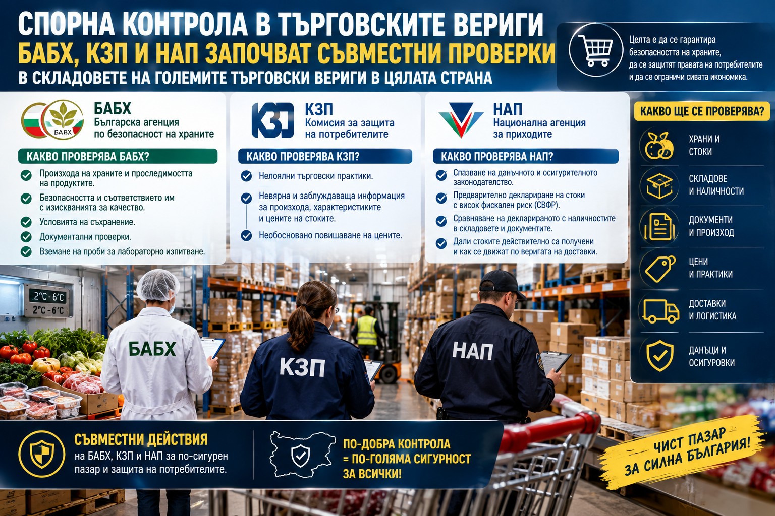 Инспектори от НАП и БАБХ в светлоотразителни жилетки проверяват палети с хранителни стоки и документи в голям логистичен склад на търговска верига.