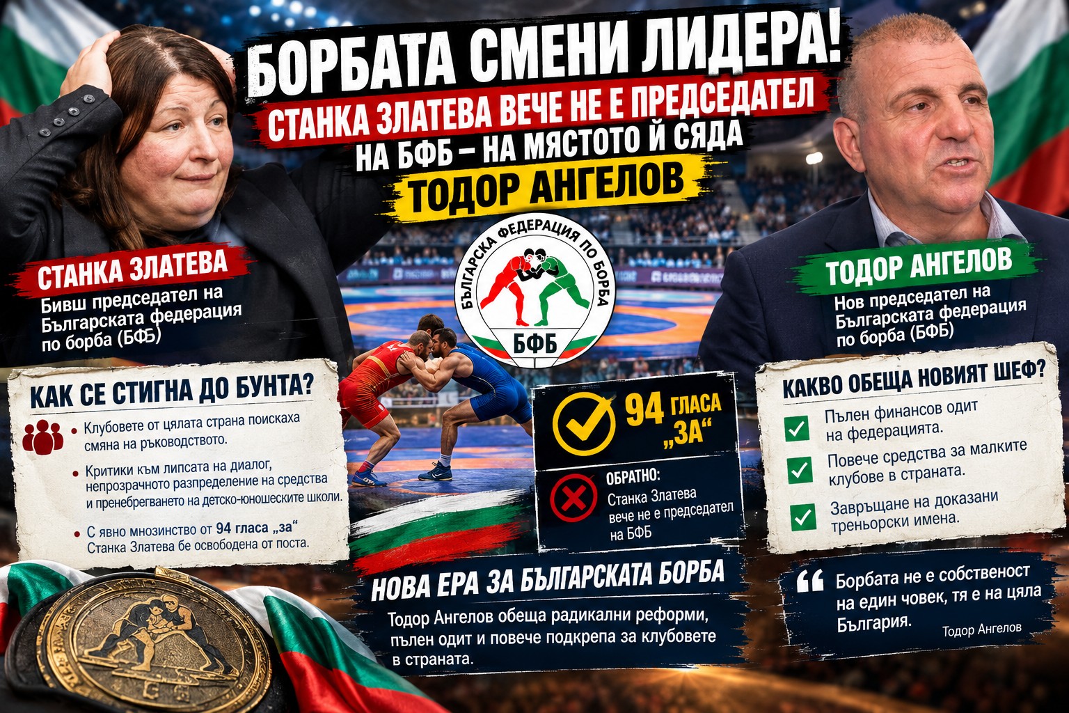 Портретна снимка на Станка Златева в спортно облекло, изглеждаща замислена на фона на празен тепих за борба по време на официално събитие.