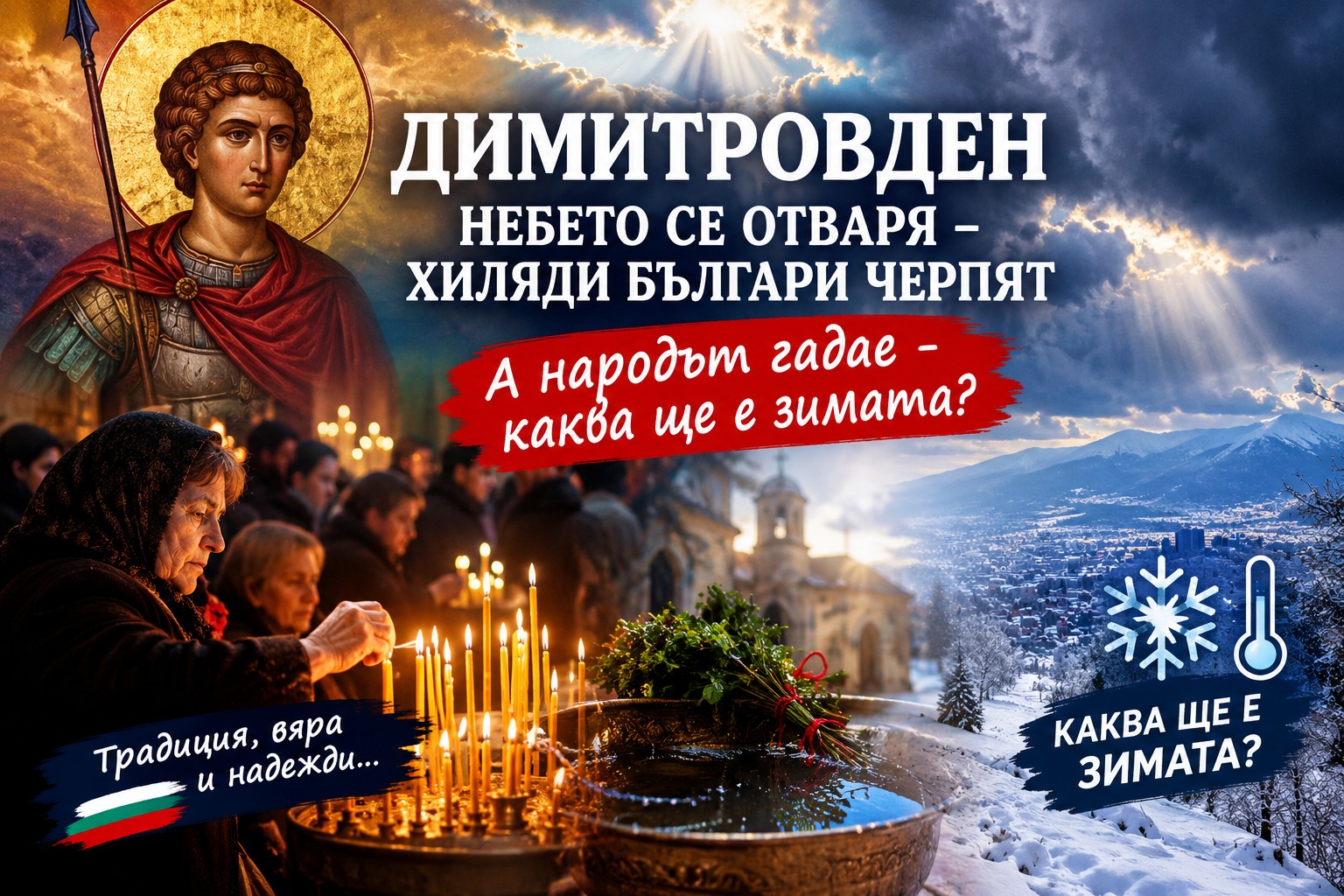 • Традиционна българска трапеза с печена тиква, питка и есенни листа на дървена маса