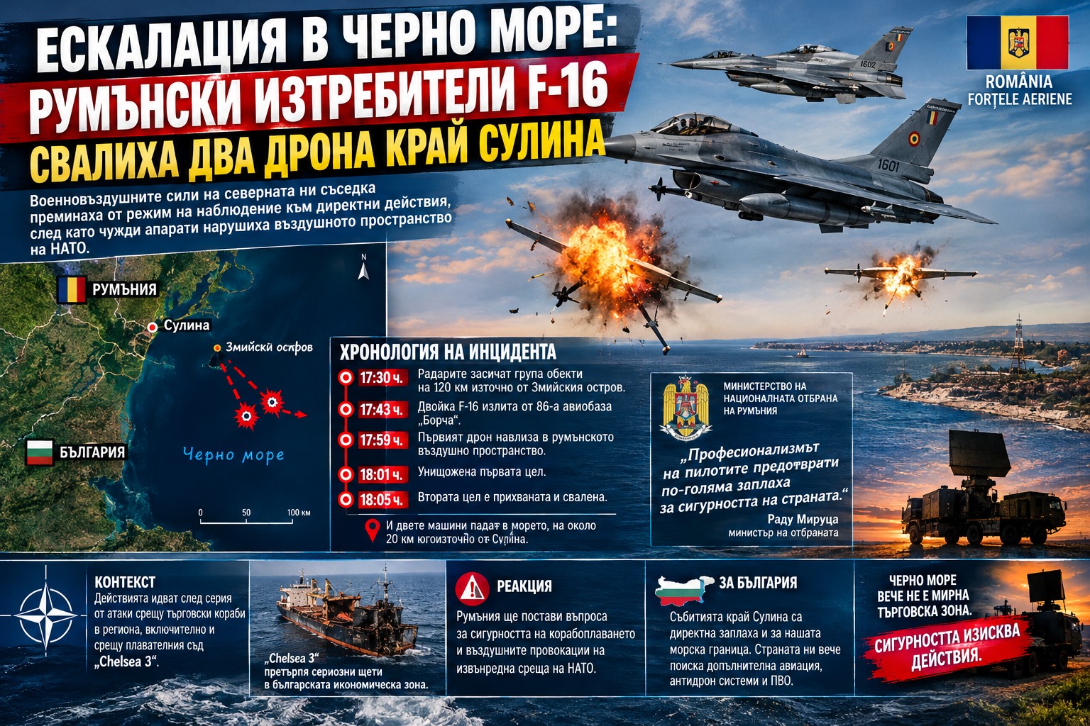 Военен изтребител F-16 от състава на румънските военновъздушни сили изпълнява мисия по охрана на въздушното пространство над Черно море по залез слънце