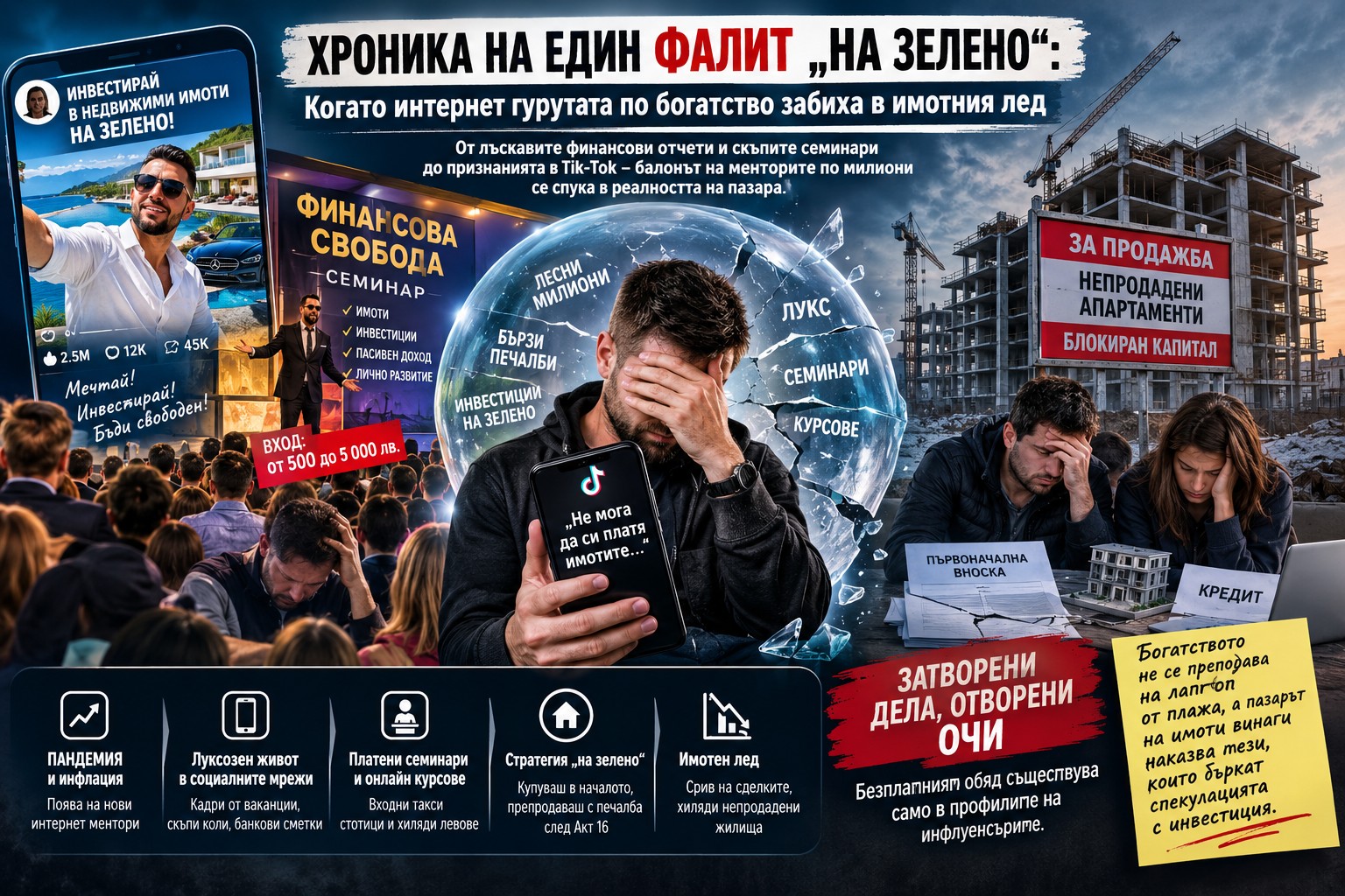 Мъж гледа притеснено екрана на телефона си на фона на луксозен, но празен апартамент в новострояща се сграда.