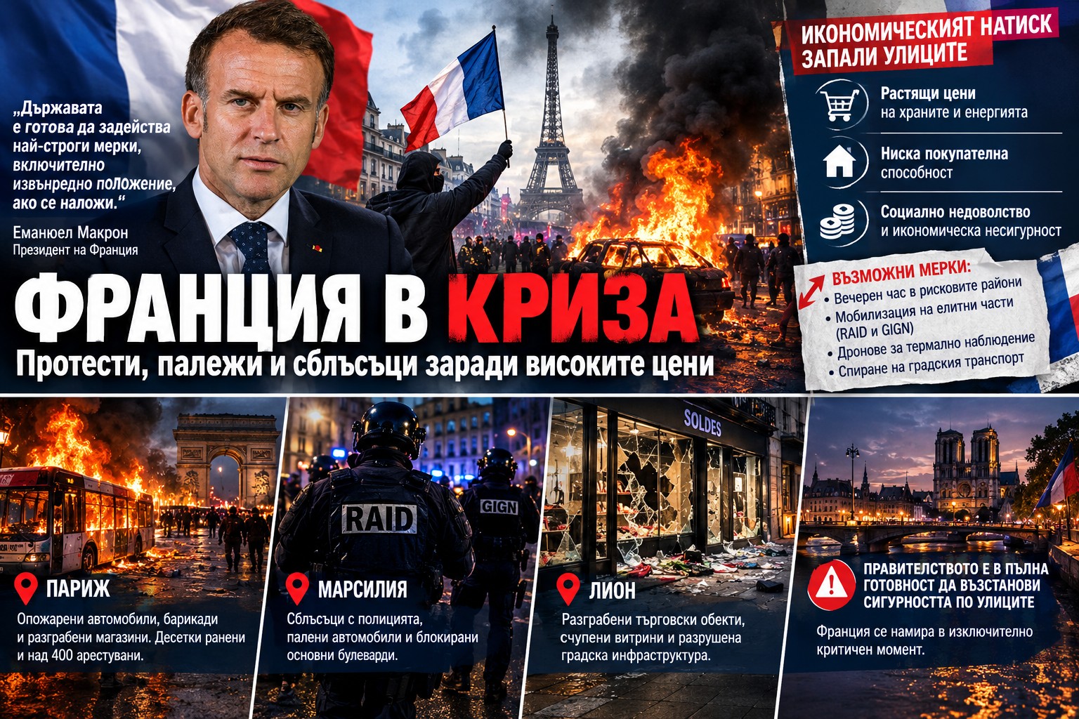 Опожарен автомобил на улица в Париж с гъст черен дим, на заден план се виждат френски полицаи от частите за борба с безредиците в пълно бойно снаряжение.