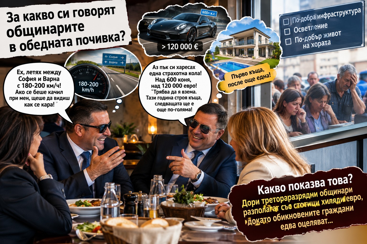 Луксозен спортен автомобил, паркиран директно пред входа на общинска администрация в малък български град.