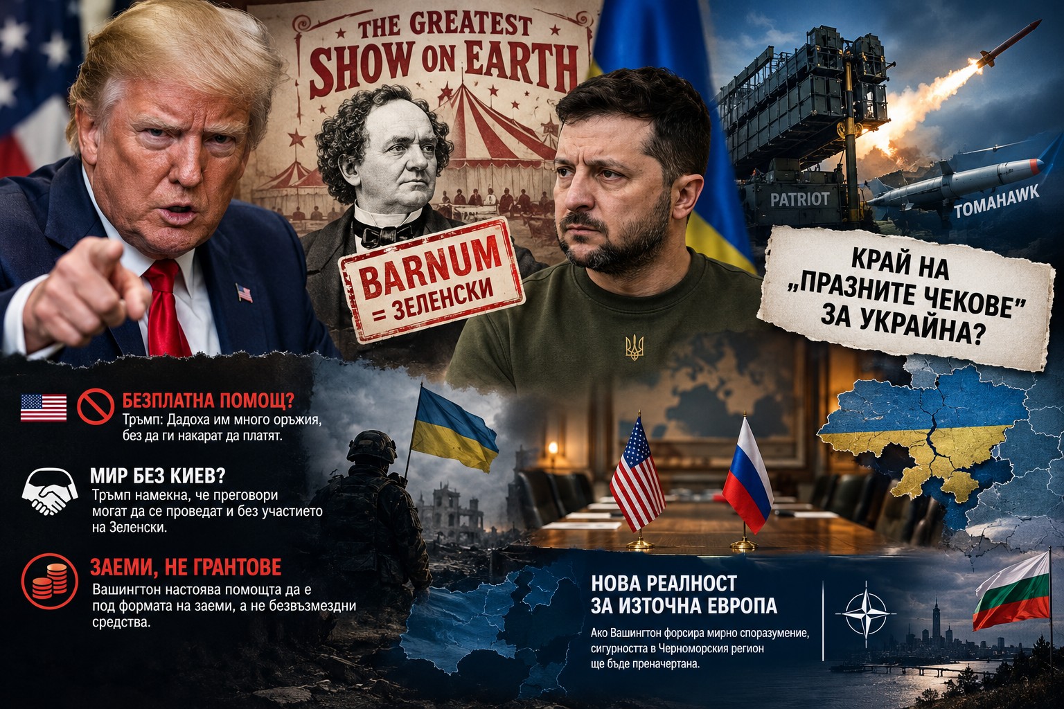 • Доналд Тръмп по време на телевизионно интервю пред логото на Newsmax, жестикулиращ с ръка при обсъждане на външната политика.