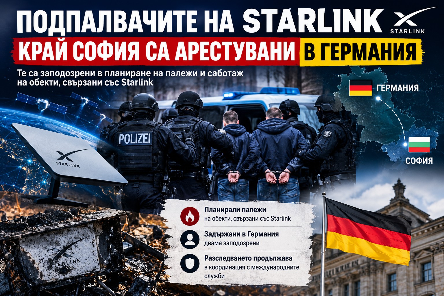 Наземна сателитна станция с антени тип чиния под засилена охрана в планински район