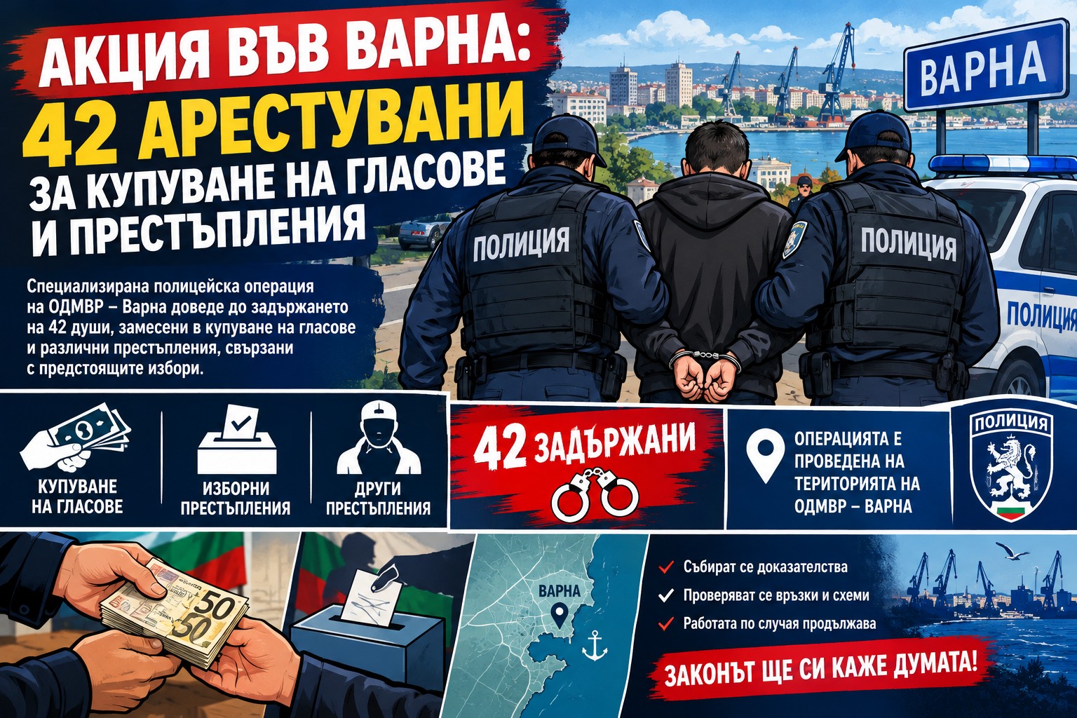 Полицейски патрулни автомобили с пуснати буркани, блокирали кръстовище на входа на варненски квартал по време на специализирана акция.