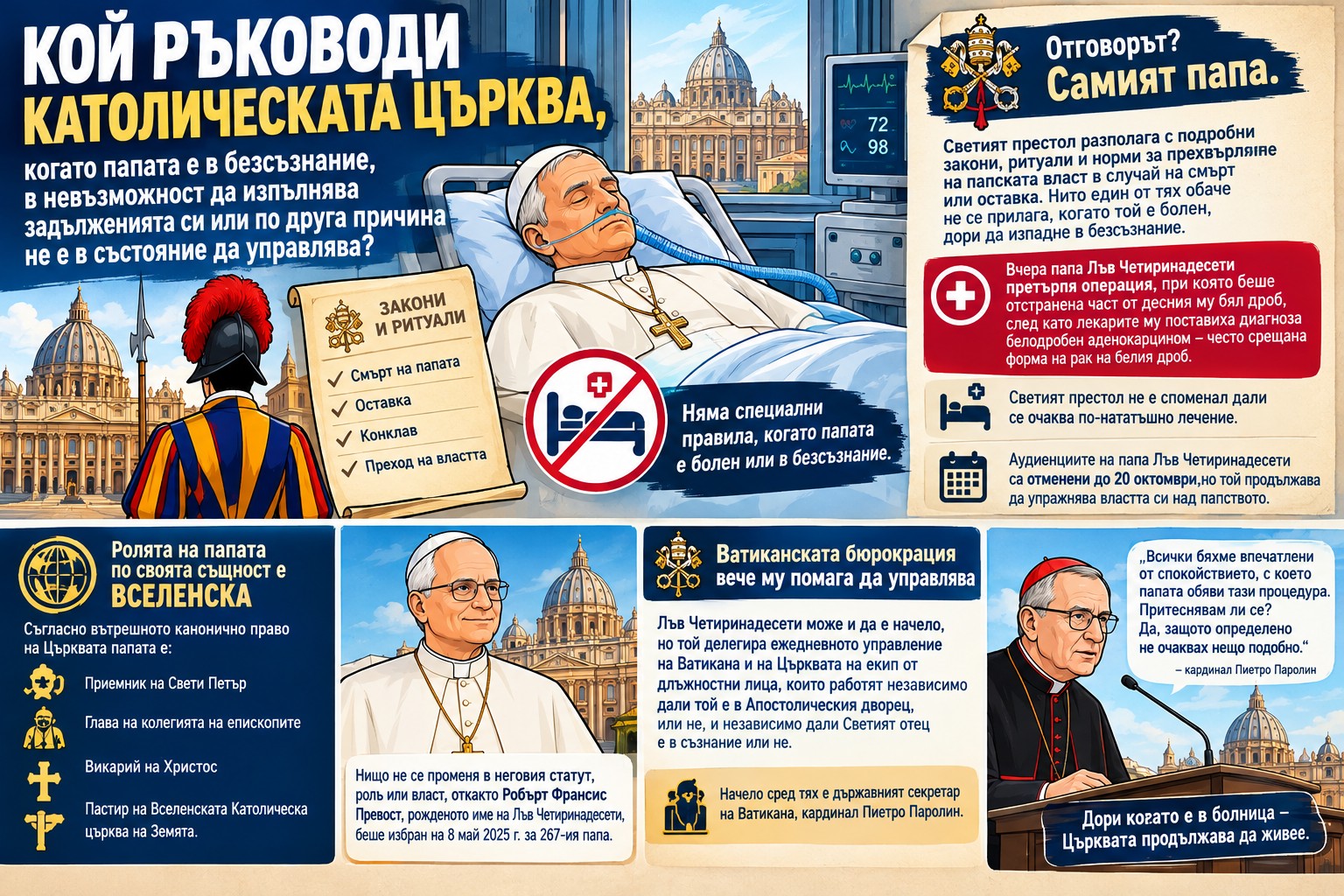 Изглед към площада и базиликата „Свети Петър“ във Ватикана с развято жълто-бяло папско знаме под напукано небе.