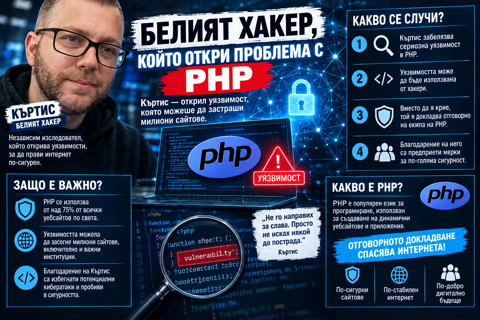 Изследователят по киберсигурност Райън Остин работи пред множество компютърни екрани в дома си
