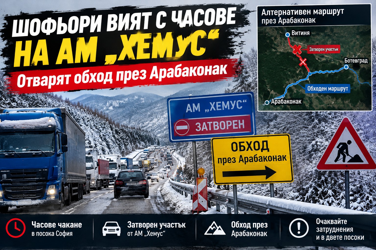 Огромно задръстване от автомобили и камиони преди тунел на магистрала Хемус