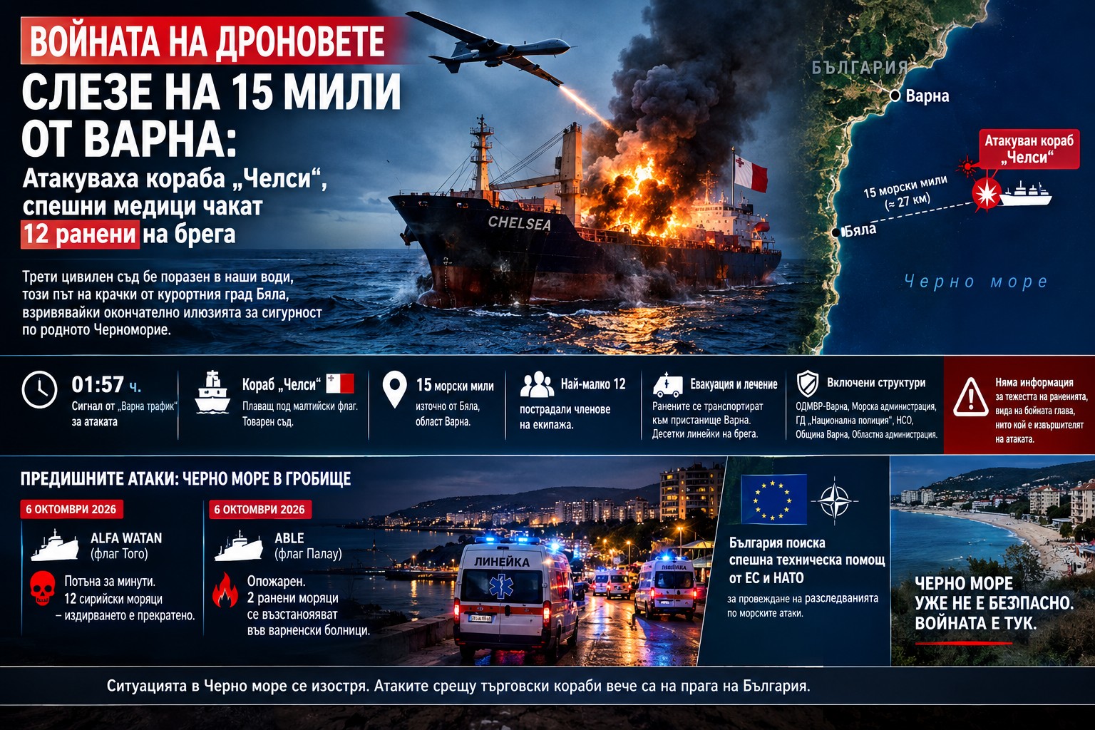 Нощна снимка на пристанище Варна с пуснати сини светлини на множество линейки на Спешна помощ, очакващи евакуацията на пострадалите моряци.