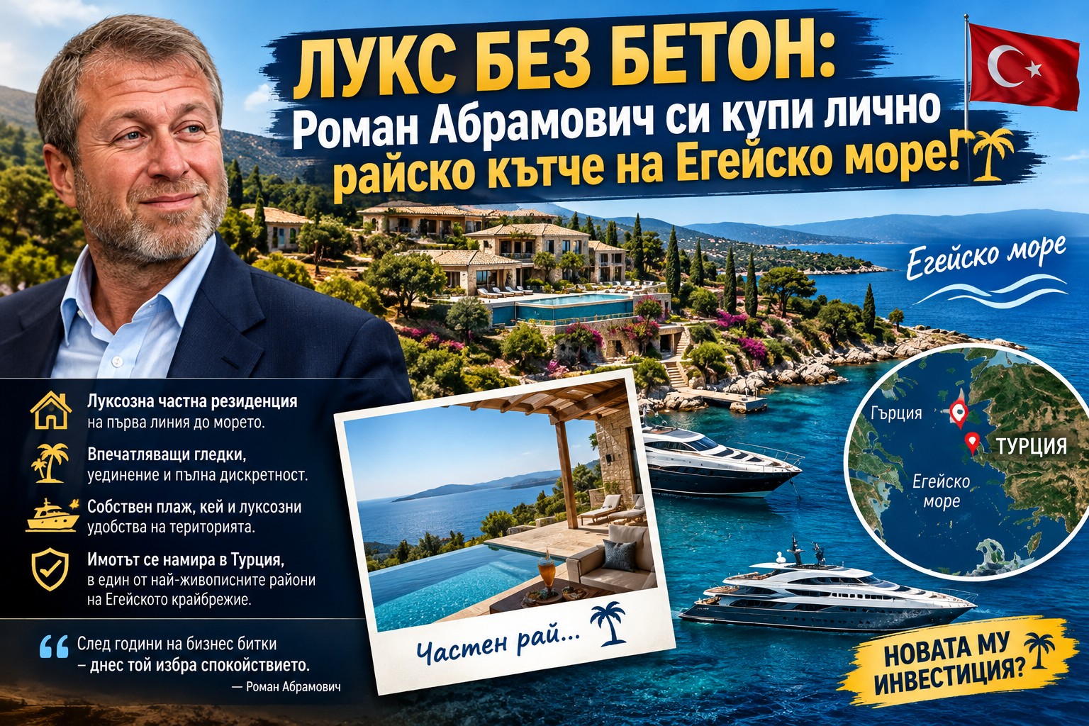 Панорамна снимка от птичи поглед към егейското крайбрежие на Бодрум и Милас с тюркоазени води, скалисти заливи и луксозни затворени комплекси.