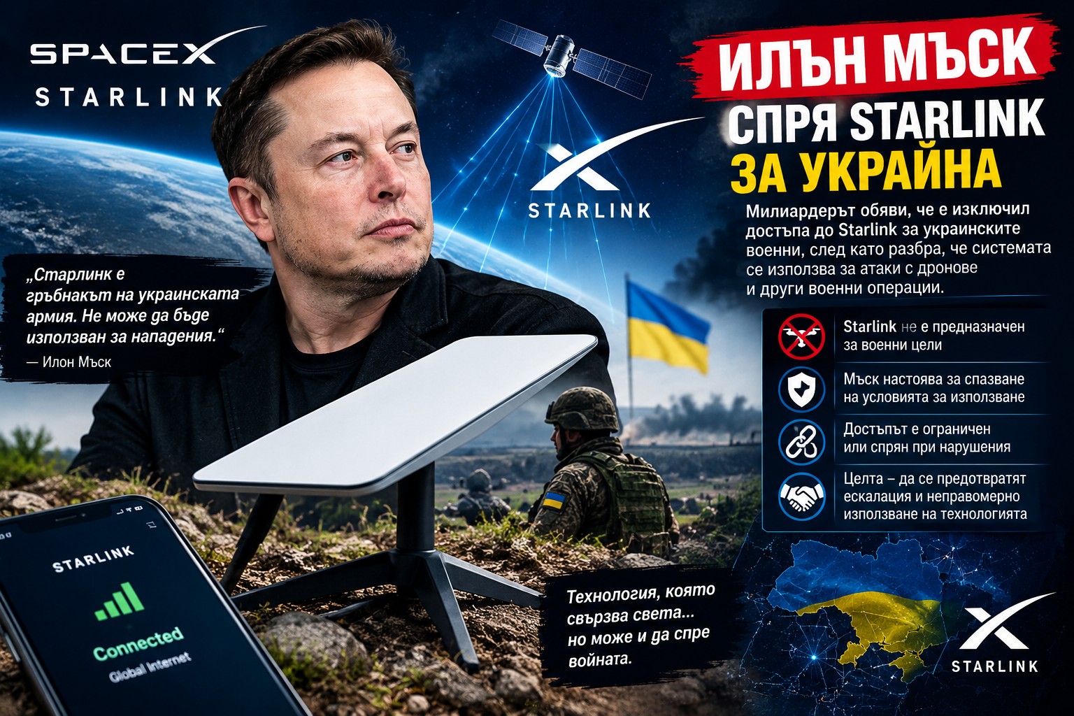 Сателитна чиния на Старлинк разположена на фона на военно поле
