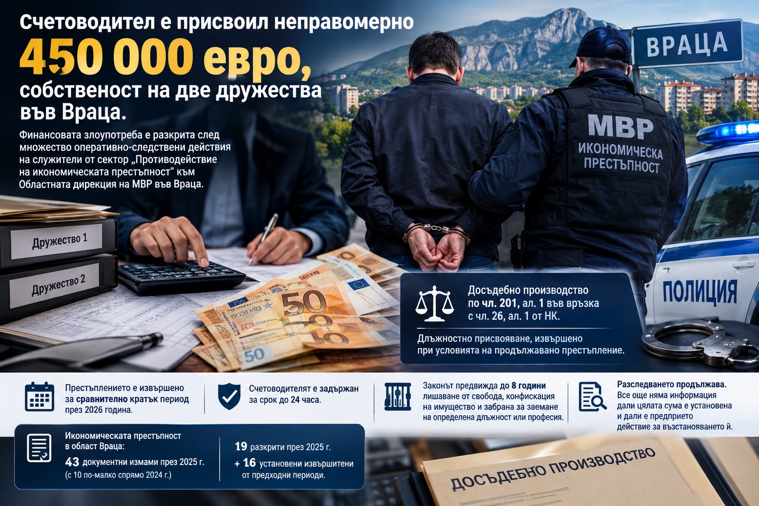 Папки с финансови отчети, калкулатор и лаптоп с отворена банкова система, върху които са поставени белезници в счетоводен офис.